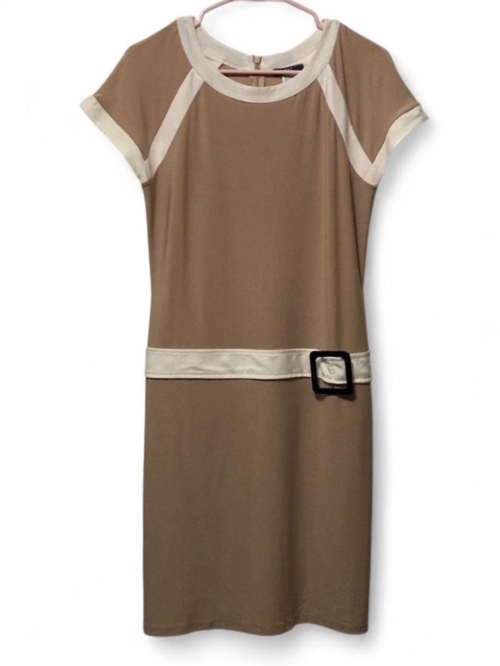 J.B.S. Tan Midi Shift Dress with Cream Trim